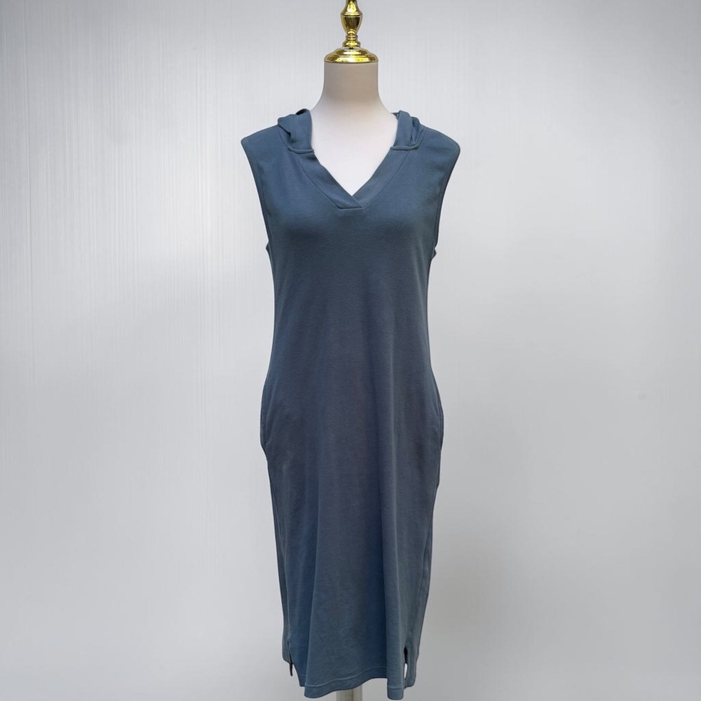 Pact Hooded Sleeveless Dress S Blue Organic Cotton Midi Pocket Slit Athleisure